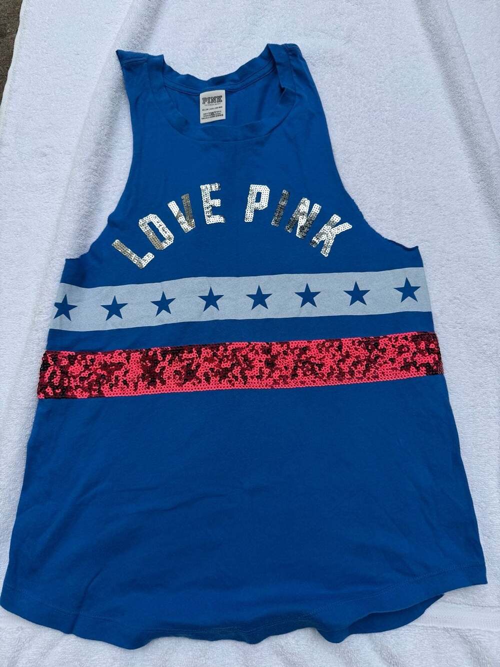 PINK Victoria's Secret Love Pink Patriotic Sequin Muscle Tank Top